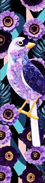 Free purple bookmark featuring a layered bird floral design